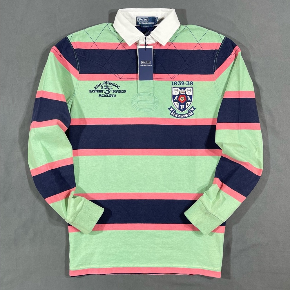 Polo Ralph Lauren Striped Collegiate Logo Rugby Shirt Medium Large RL
